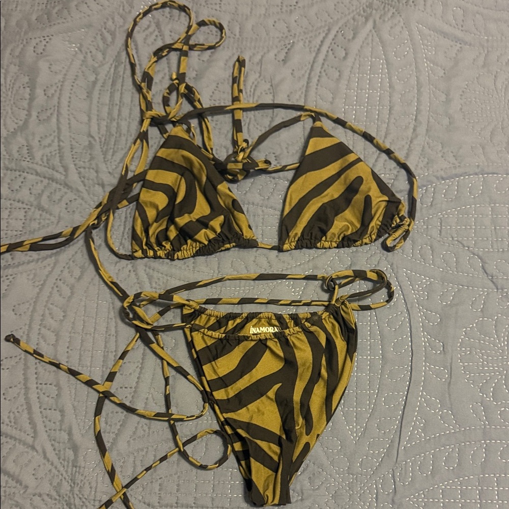 iNAMORATA Safari Stripe Bikini in Olive and Black